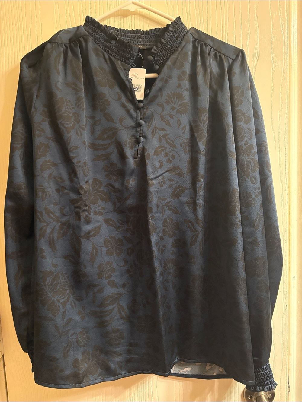 Womens Navy Floral Jacquard Long-Sleeve Shirt